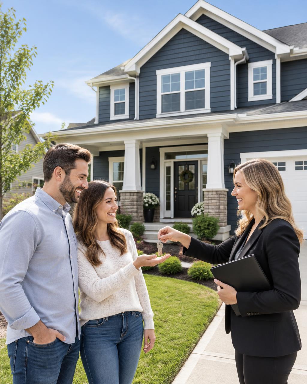 Buyers receiving keys in front of their new navy home